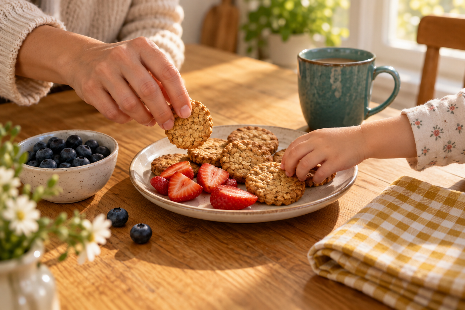 Fruit and snacks around a family table